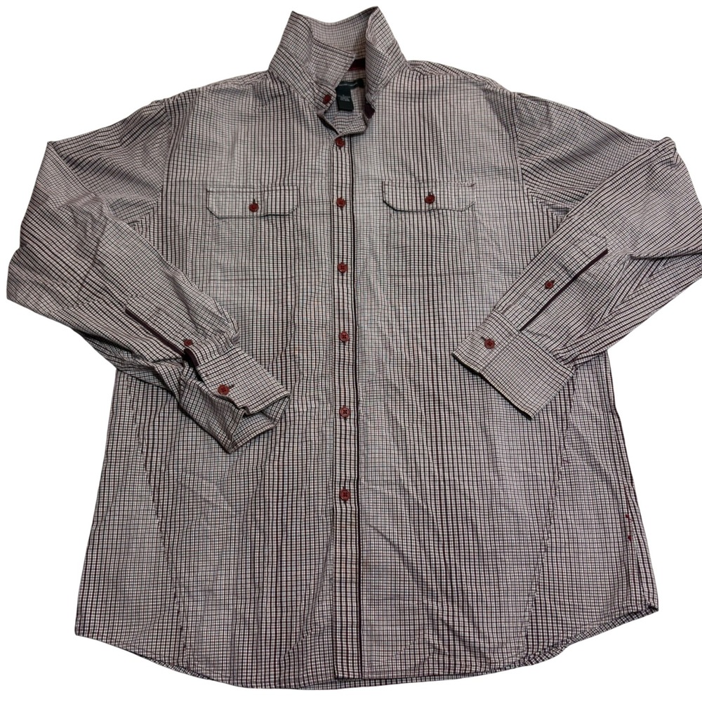 INC Button Down Shirt Mens Large Red Burgundy Gingham Cotton Long Sleeve Pockets